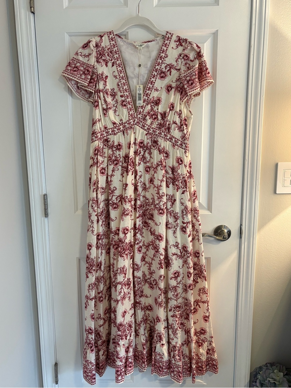 Max Studio Cream Maxi Dress with Dark Pink Floral Motif